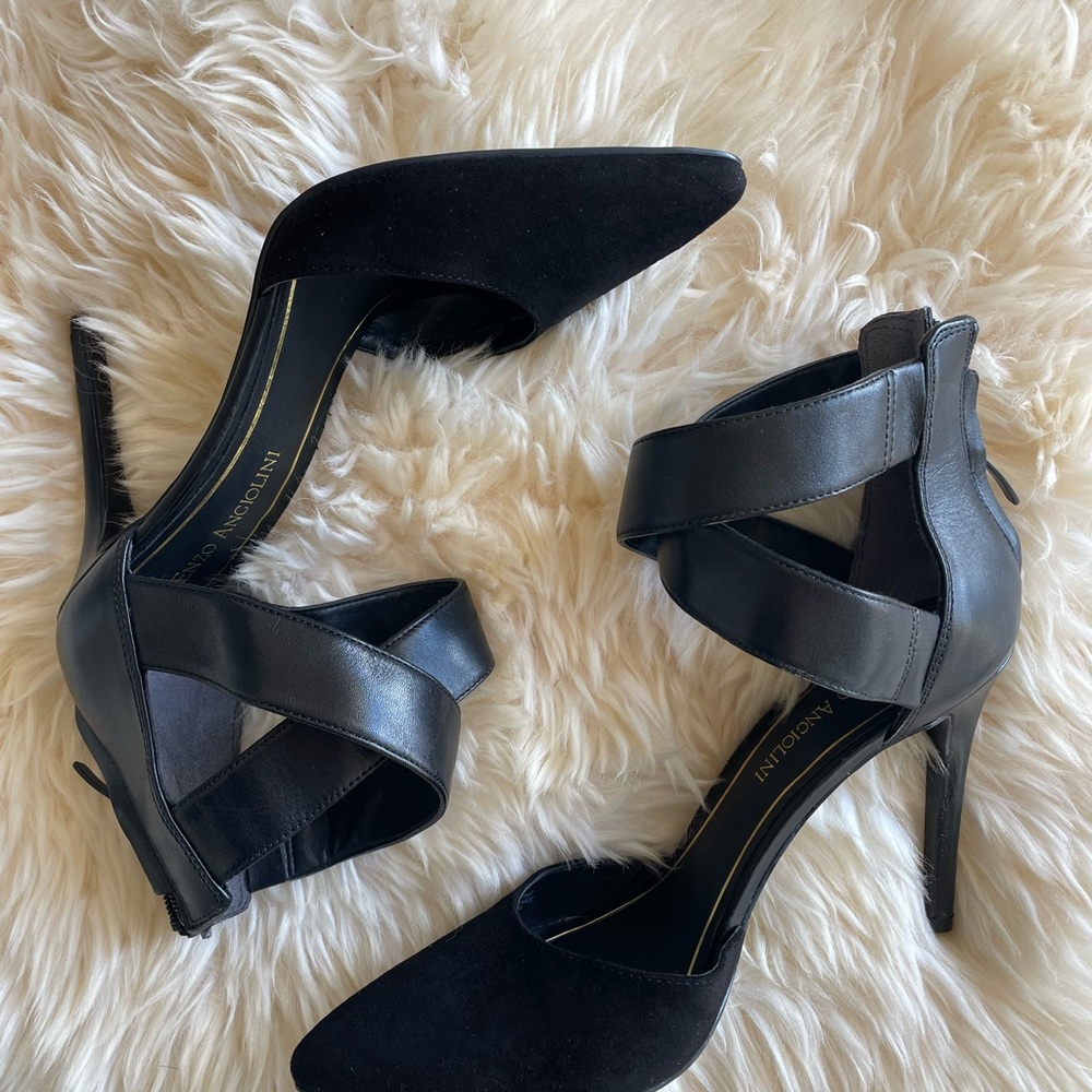 Enzo Angiolini Black Heels with Stiletto Heel and Open Toe Design